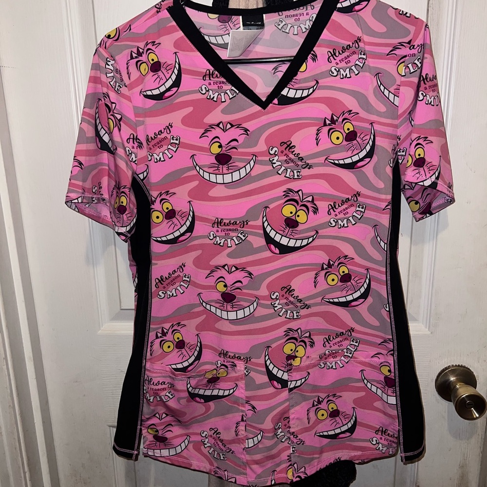 Pink Cheshire Cat Print Scrub Top